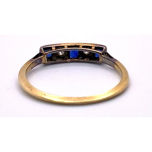 414 - A 18K YELLOW GOLD VINTAGE POSSIBLY ANTIQUE DIAMOND & SAPPHIRE 5 STONE RING 0.12CT D & 0.30CT S 1.5G ... 