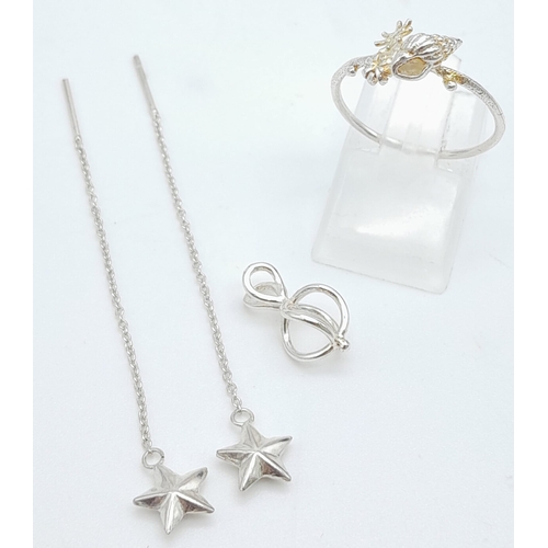 1215 - 3 X STERLING SILVER ITEMS: SHELL RING WITH SIZE P, STAR PULL THROUGH EARRINGS & PENDANT. TOTAL WEIGH... 
