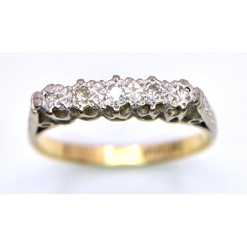 164 - A Vintage 18K Yellow Gold, Platinum Five-Stone Diamond Ring. Size S. 3.55g total weight.