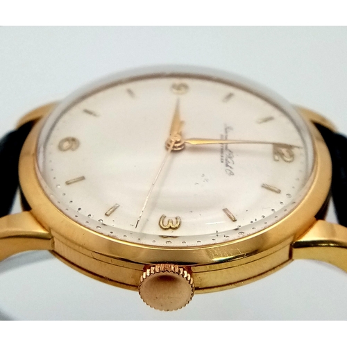 395 - A Vintage 18K Gold Cased International Watch Co. Shaffhausen Gents Watch. Black leather strap. 18k g... 