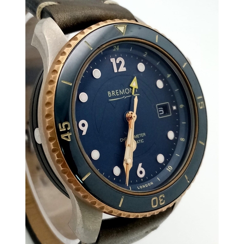 73 - A BREMONT AUTOMATIC CHRONOMETER WITH SKELETON BACK , BLUE DIAL AND BEZEK .   42mm          14759