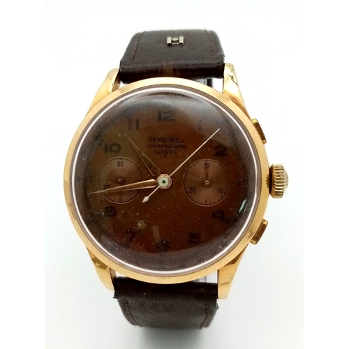 1343 - A Wonderful and Rare Vintage Tevo WC 18k Gold Chronograph Gents Watch. Brown leather strap. 18k gold... 