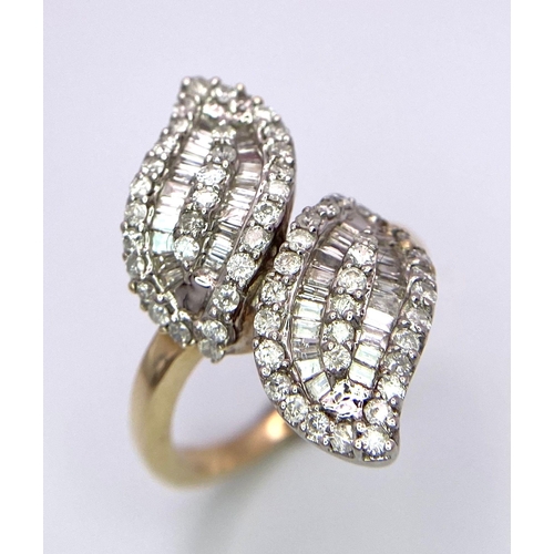 300 - A fabulous 18 K yellow and white gold ring loaded with round cut and baguette diamonds in a twisted ... 