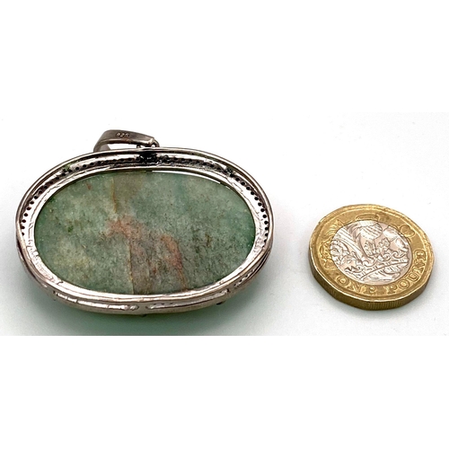 101 - An Agate 'Faith' Engraved 925 Silver Pendant with Rose-Cut Diamond Surround. Agate - 90.55ct.  Diamo... 