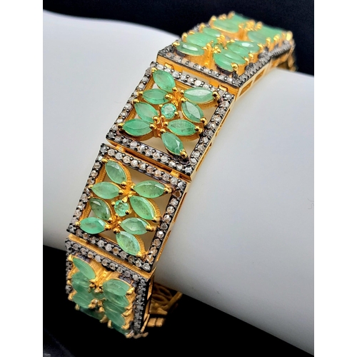 108 - An Emerald and Diamond Gemstone Tennis Bracelet set in  Gilded 925 Silver. Floral design. Old cut Di... 