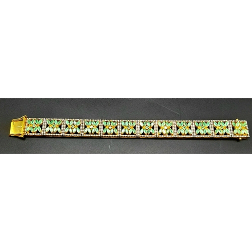 108 - An Emerald and Diamond Gemstone Tennis Bracelet set in  Gilded 925 Silver. Floral design. Old cut Di... 