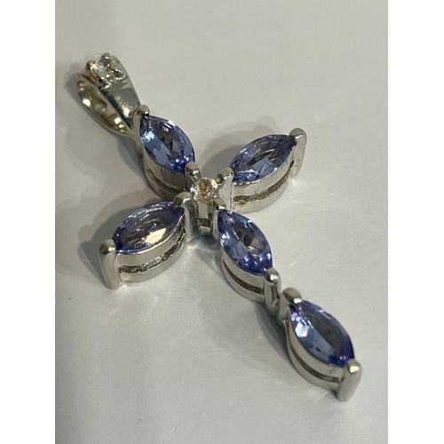 126 - Beautiful SILVER and  TANZANITE CROSS PENDANT with White Topaz detail. Having clear marking for 925 ... 