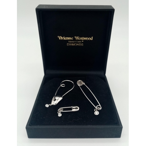 276 - Three 18 K white gold VIVIEN WESTWOOD HARDCORE DIAMOND safety pin brooches, lengths: 50 mm, 42 mm an... 