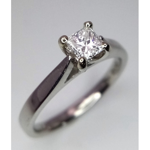 283 - A platinum diamond solitaire ring with a wonderful princess cut diamond (0.43 carats) carrying a Bri... 