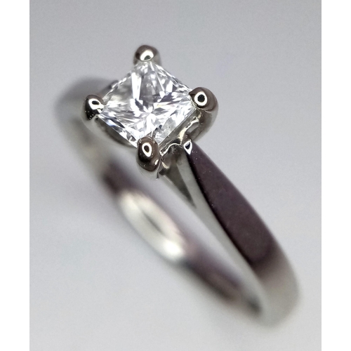 283 - A platinum diamond solitaire ring with a wonderful princess cut diamond (0.43 carats) carrying a Bri... 