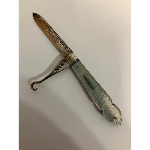 308 - Antique Rare and unusual SILVER BLADED FRUIT KNIFE  with additional SILVER HOOK detail.  Beautifully... 