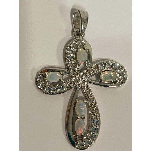 476 - Absolutely Beautiful SILVER CROSS set with OPALS and AQUA GEMSTONES. Markings for 925 SILVER and the... 