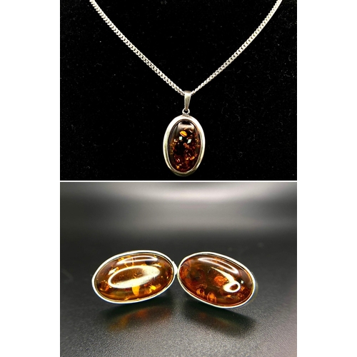 746 - Excellent Condition, Sterling Silver Amber Cabochon Necklace and Earring Set. 
44cm Length Sterling ... 