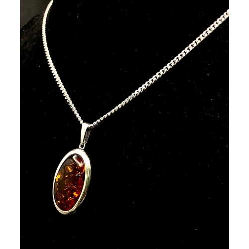 746 - Excellent Condition, Sterling Silver Amber Cabochon Necklace and Earring Set. 
44cm Length Sterling ... 