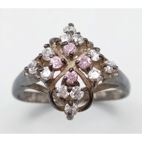 1794 - A vintage 925 silver pink and white cluster ring, size K/L & A fancy 925 silver bracelet with floral... 