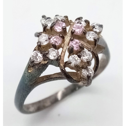 1794 - A vintage 925 silver pink and white cluster ring, size K/L & A fancy 925 silver bracelet with floral... 