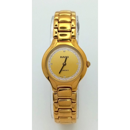 341 - A Rado Florence Gold Plated Ladies Watch. Gold plated bracelet and case - 23mm. Gold tone dial with ... 