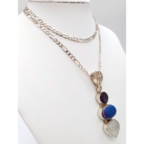 454 - A Rare Vintage Sterling Silver Statement Necklace Set with Moonstone, Blue Obsidian and Amber on a 6... 