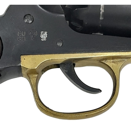 1149 - A .44 CALIBRE UBERTI BLACK POWDER REVOLVER WITH BRASS PLATE AND VARNISHED WOODEN GRIPS.
COMES WITH A... 