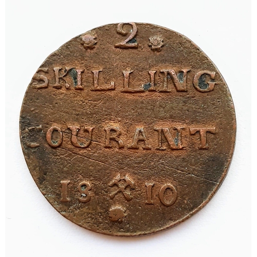 1638 - Very rare, 1810, 2 Skilling coin of Norway.
Struck under King Frederik VI.