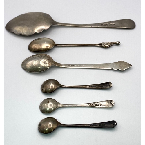 1652 - Six Vintage/Antique Sterling Silver Spoons - Condiment, tea and relish. Longest spoon 14cm. 49.15g t... 