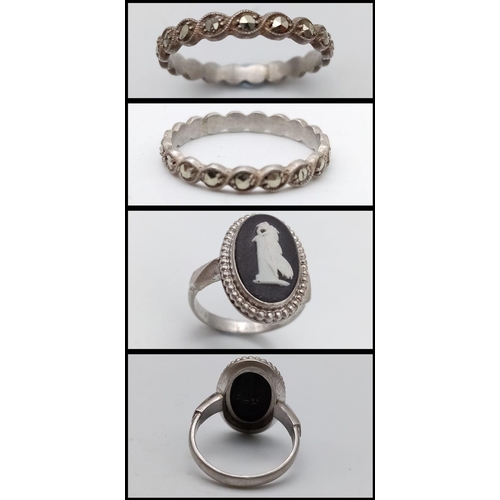 1723 - An Eclectic Silver/White Metal Mix - Antique onyx and carnelian fob, cameo ring - size M, marcasite ... 