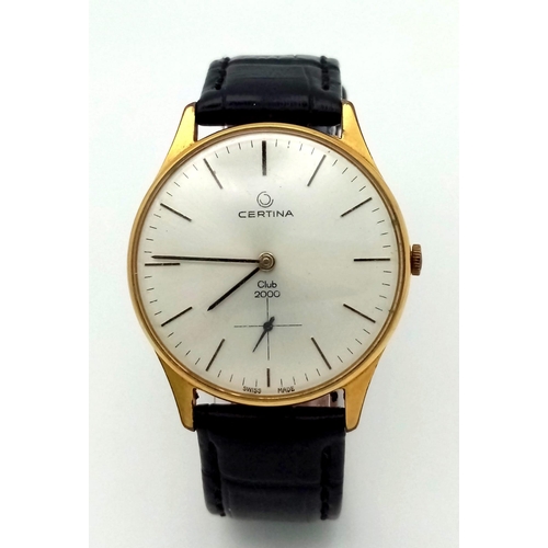 388 - A Men’s Gold Tone Certina Club 2000 Manual Wind Watch. 
Good Working Order. 36mm Including Crown.