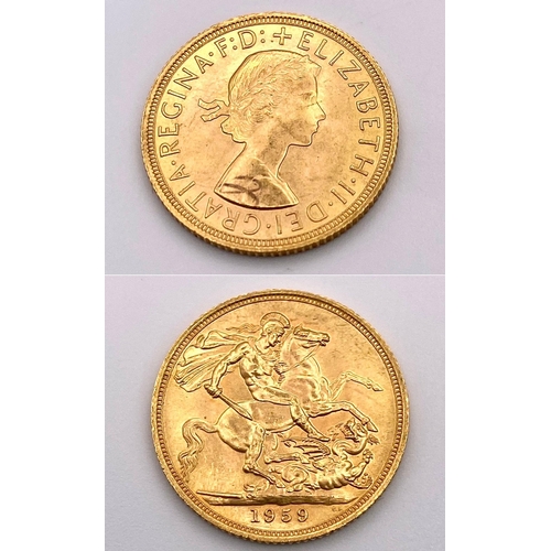81 - A 1959 Queen Elizabeth II 22K Full Gold Sovereign. EF.