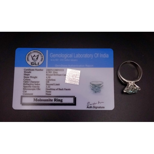 812 - A 4.5ct Moissanite Round Brilliant Cut 925 Silver Ring. Size N. Comes with a GLI certificate.