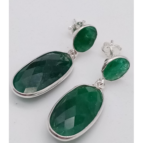 1050 - A Matching Set of 925 Silver Emerald Earrings and Ring. Approx. 30cts Emerald.  Ring Size Q. Total W... 