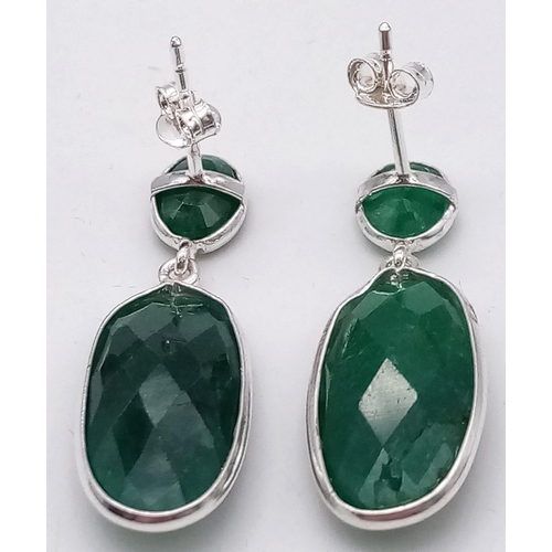 1050 - A Matching Set of 925 Silver Emerald Earrings and Ring. Approx. 30cts Emerald.  Ring Size Q. Total W... 