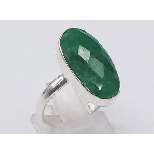 1050 - A Matching Set of 925 Silver Emerald Earrings and Ring. Approx. 30cts Emerald.  Ring Size Q. Total W... 