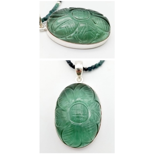 1410 - A Large Hand-Carved Fluorite Gemstone 925 Silver Pendant on a Ruby Zoisite (detachable) Necklace. 92... 