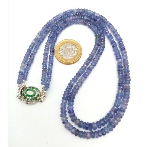 1078 - A Two Row Tanzanite Gemstone Necklace with an Emerald and 925 Silver Clasp. 45cm in length, 175ctw t... 