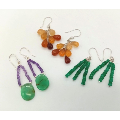 1335 - A Selection of Three Pair of Earrings: Emeralds, Amethyst and Garnet Drops. All set in 925 Silver.