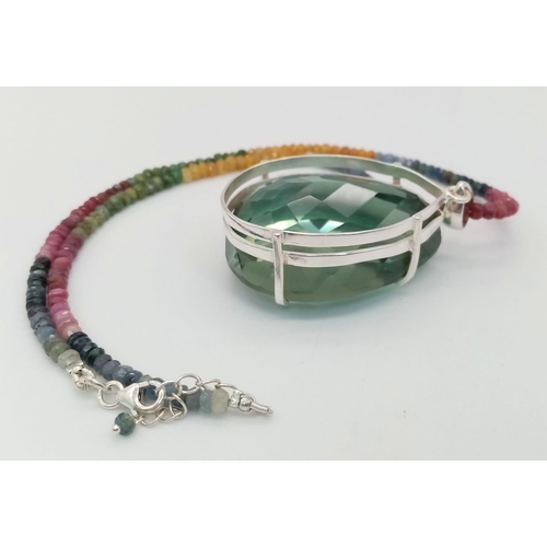 1674 - A Huge Hypnotic Green Quartz Gemstone 925 Silver Pendant, on a multi-gemstone detachable necklace - ... 