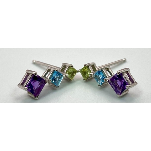 1532 - A Pair of 18K White Gold Gemstone Drop Earrings. Peridot, topaz and amethyst. 15mm drop. No backs. 1... 