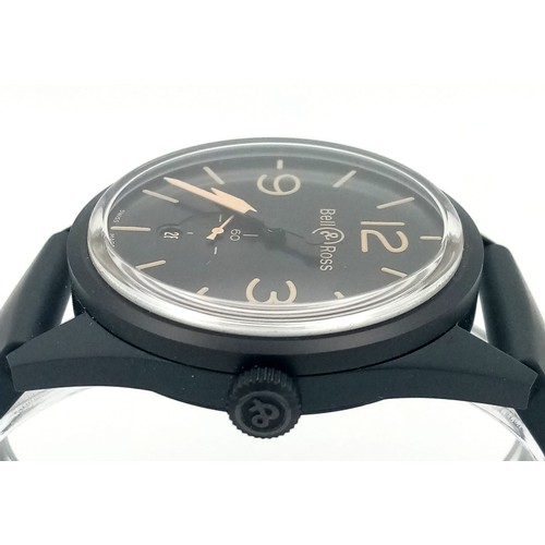 1568 - A Bell and Ross Automatic Gents Watch. Black rubber strap. Black stainless steel case - 41mm. Black ... 