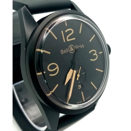 1568 - A Bell and Ross Automatic Gents Watch. Black rubber strap. Black stainless steel case - 41mm. Black ... 