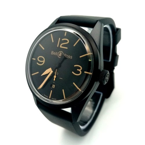 1568 - A Bell and Ross Automatic Gents Watch. Black rubber strap. Black stainless steel case - 41mm. Black ... 