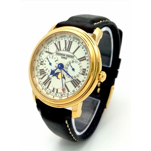 1359 - A Frederique Constant Geneve Moon Phase Watch. Black leather strap. Gilded case - 40mm. White dial w... 