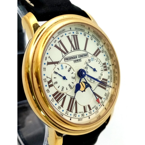 1359 - A Frederique Constant Geneve Moon Phase Watch. Black leather strap. Gilded case - 40mm. White dial w... 