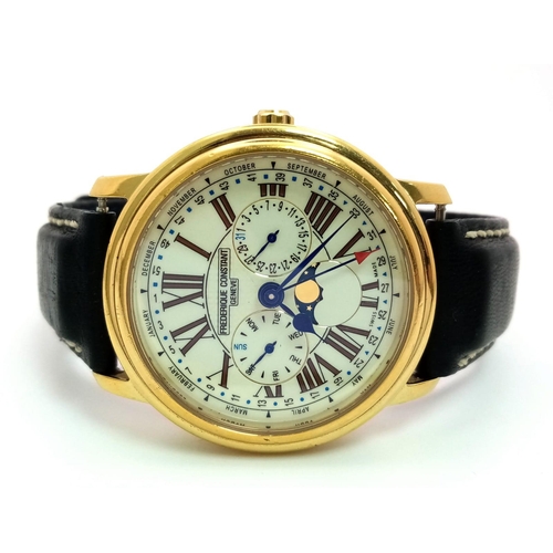 1359 - A Frederique Constant Geneve Moon Phase Watch. Black leather strap. Gilded case - 40mm. White dial w... 