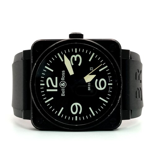 1688 - A Bell and Ross Aviation Type/Military Spec Gents Watch. Black rubber strap. Black stainless steel c... 