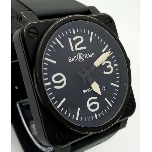 1688 - A Bell and Ross Aviation Type/Military Spec Gents Watch. Black rubber strap. Black stainless steel c... 