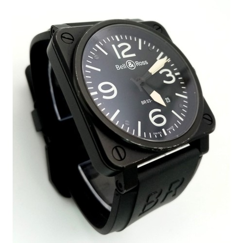 1688 - A Bell and Ross Aviation Type/Military Spec Gents Watch. Black rubber strap. Black stainless steel c... 