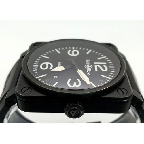 1688 - A Bell and Ross Aviation Type/Military Spec Gents Watch. Black rubber strap. Black stainless steel c... 