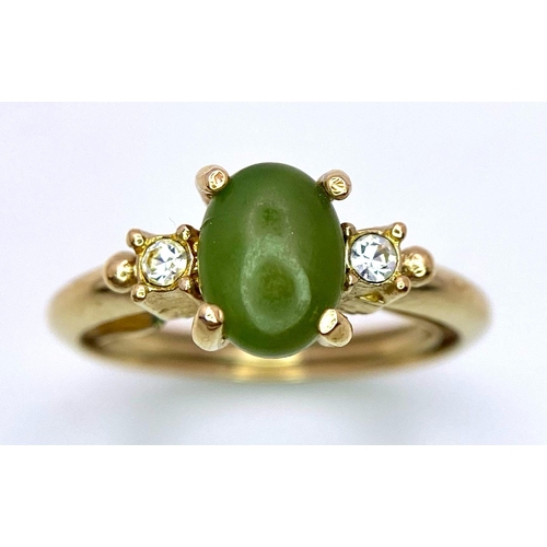 1584 - A Vintage 9K Yellow Gold Jade and White Stone Ring. Small central jade cabochon. Size N. 2.31g total... 