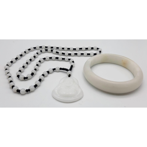 1707 - A White Jade Bangle and White Jade Buddha Pendant on Necklace. 5.5cm inner diameter. Pendant - 4cm.