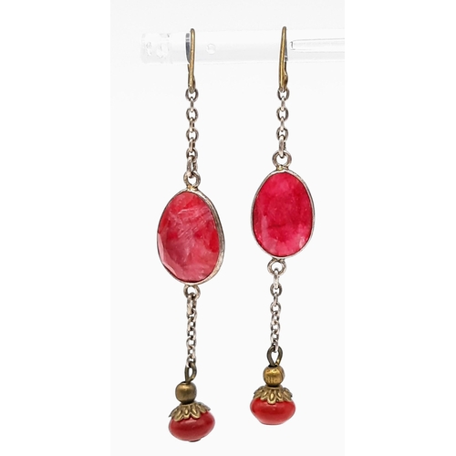 1747 - A Pair of Two Tier Ruby Drop Earrings. 6cm drop.